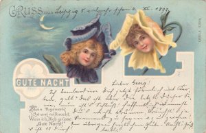Gute Nacht 1899 Girls Anthropomorphic Pansy Flowers Moon Gruss aus postcard C360