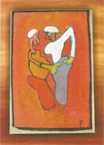 Couple. Romance Fine art, painting, modern Cabo Verde, artist drawn, postcar