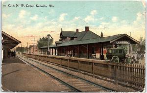 Postcard WI Kenosha C. & N. W. Train Depot 1911 K37