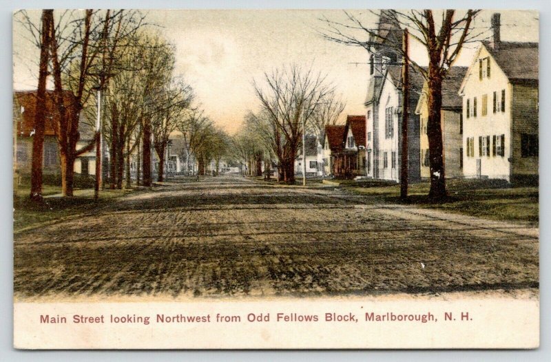 Marlborough NH~Main Street Northwest @ Odd Fellows Block~Homes~Church~c1905 