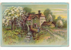 To Greet You, Rural Scene, Antique 1914 Gelatin Greetings Postcard