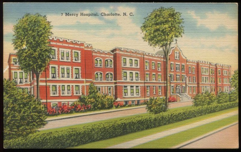 Mercy Hospital, Charlotte, NC. Tichnor linen postcard, circa 1945