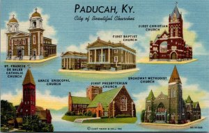 Vintage 1930's City Of Beautiful Churches Paducah Kentucky KY Linen Postcard