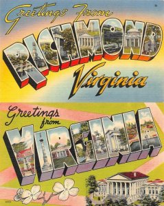 Large Letter Linen  VIRGINIA & RICHMOND Greetings  *TWO* c1940's Linen Postcards