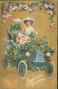 Valentine - Beautiful Woman & Cupid Decorated Car Gold Background Postcard