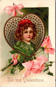 Valentine Postcard Little Girls Portrait Inside Gold Heart Pink Roses