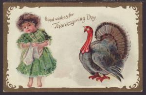 Good Wishes for Thanksgiving,Girl,Turkey Postcard 