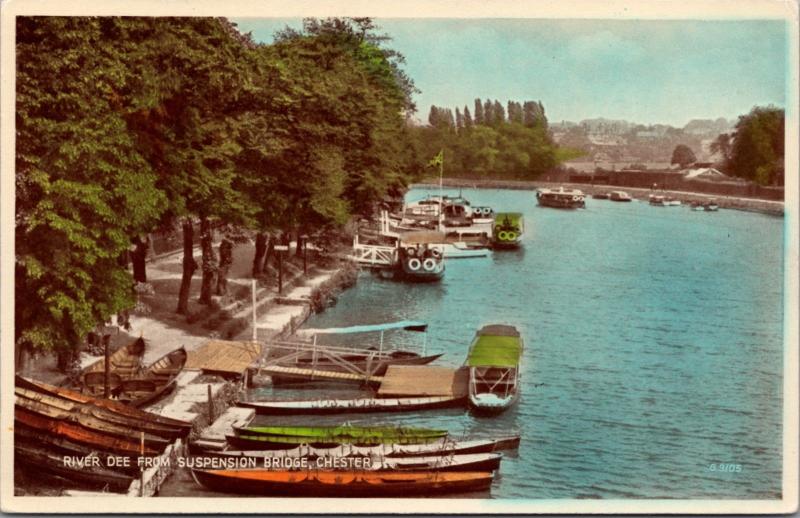River Dee from Suspension Bridge Chester UK Boats Vintage Postcard D40