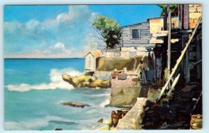 SPEIGHTSTOWN, BARBADOS ~ Backstores By Sea LAURENT BRUNET Artist Signed Postcard