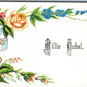 c1880s Millie Dubel Name Calling Trade Card Trust Trumpet Cherub Flower C3