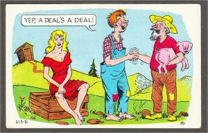 Hillbilly Farmer Deal Trade Pig for Woman Laff Gram Risque Comic Postcard 1950s