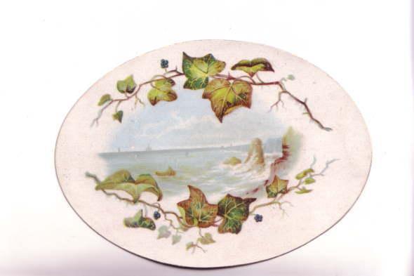 Vintage Victorian Single Layer Oval   Card, Ocean Scene, Leaf  Border,