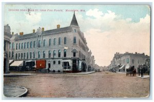 1912 Looking Down Main St. Five Points Exterior Waukesha Wisconsin WI Postcard