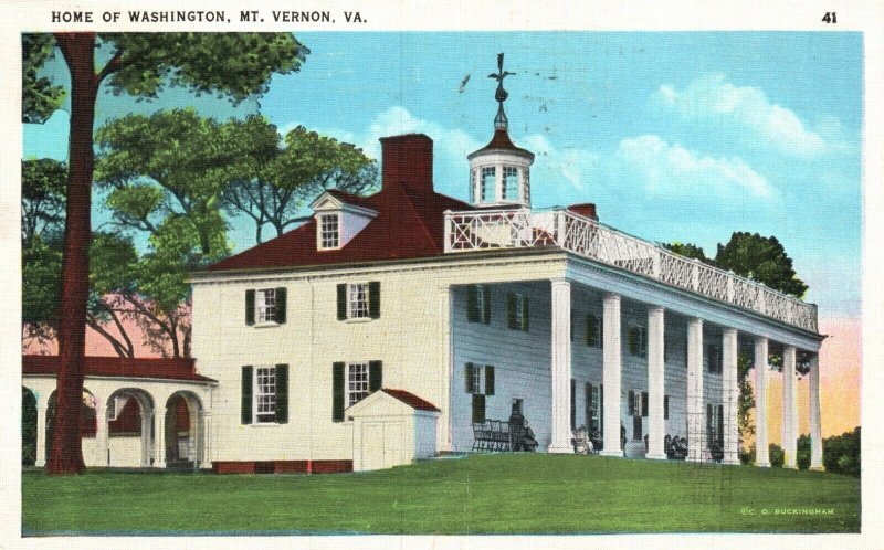 Vintage Postcard 1936 Home of Washington Mt. Vernon VA Virginia Potomac