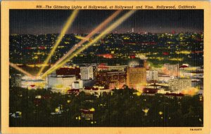 Glittering Lights of Hollywood and Vine CA Vintage Linen Postcard E23
