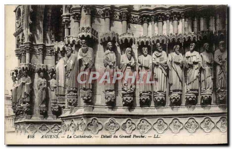 Old Postcard Amiens Cathedral Detail From Grand Porch