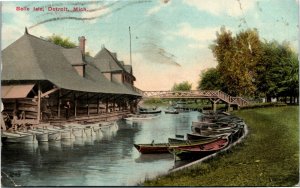 Postcard MI Detroit Belle Isle Canal Canoe Rental Wooden Bridge 1913 K15