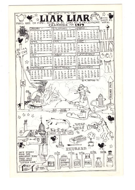 Calendar 1979 Postcard, Liar Liar Pant, Mouse Fireman, Cartoons, Fly by Night