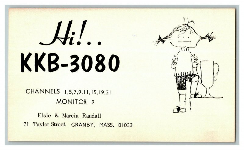 QSL Radio Card From Granby Mass. Massachusetts KKB-3080