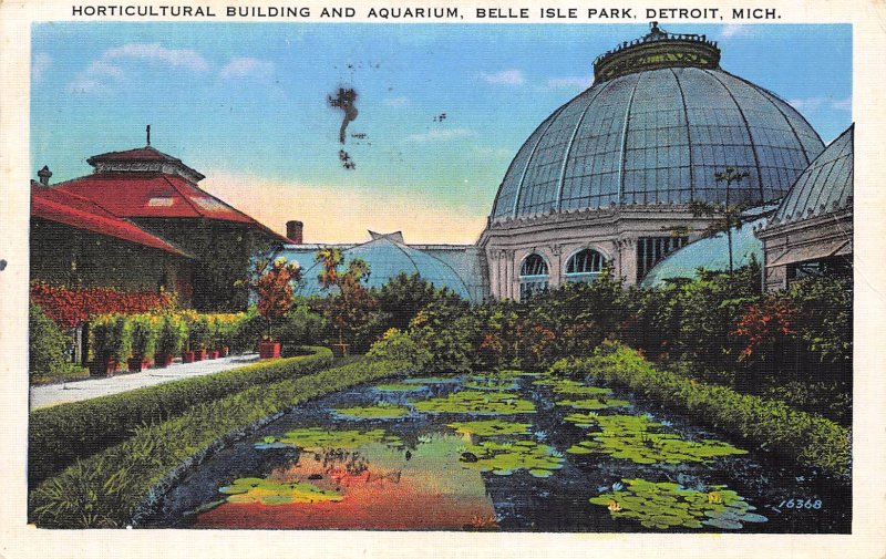 Detroit Michigan 1938 Postcard Horticultural Building & Aquarium Belle Isle Park