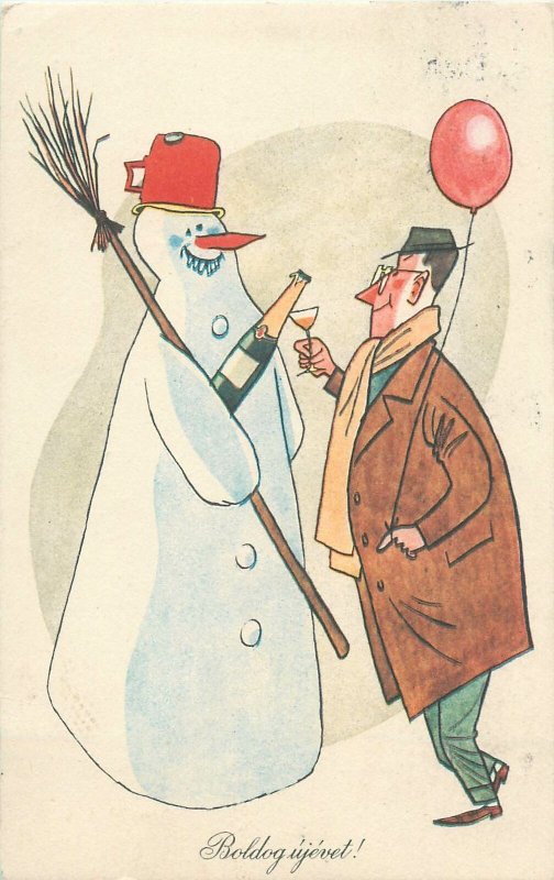 New Year greet Postcard snowman & gentleman champagne toast Gero Sandor drawing