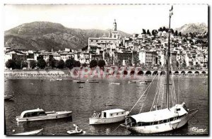 Postcard Moderne Menton old town and harbor Boats