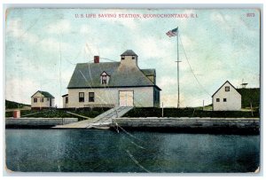 1909 US Life Saving Station Quonochontaug Rhode Island RI US Flag Postcard