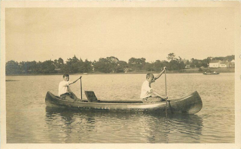 C-1910 Father Son Canoe Lake Recreation RPPC Photo Postcard 22+-4330