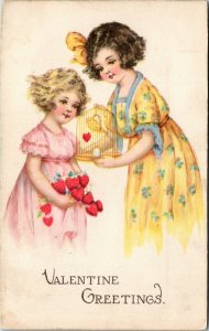 Postcard Valentine's Day Girls with Curly Hair Holding Canary in a Cage 1919 K11