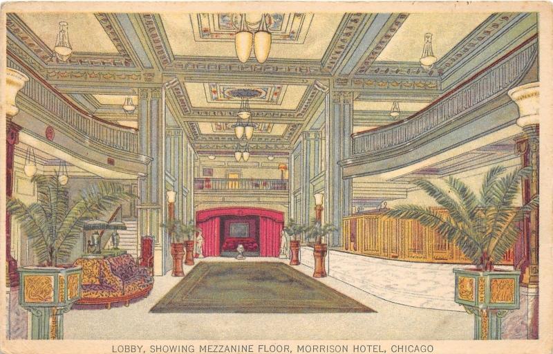 Chicago Illinois~Morrison Hotel~Lobby Showing Mezzanine Floor~Potted Plants~1910