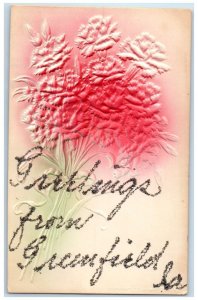 c1910's Greetings From Greenfield Iowa IA Flowers Airbrushed Glitter Postcard