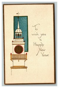 Vintage 1910's Art Deco New Years Postcard Gold Clock Tower Blue Sky NICE