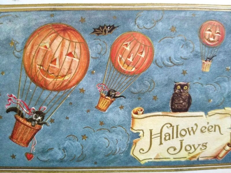 Vintage Halloween Postcard Whitney Black Cat Fly Hot Air Pumpkin Balloons 1913