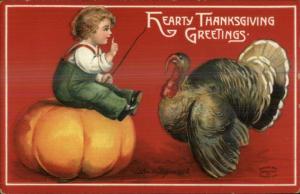 Thanksgiving - Child & Turkey Red Background Ellen Clapsaddle Postcard #2
