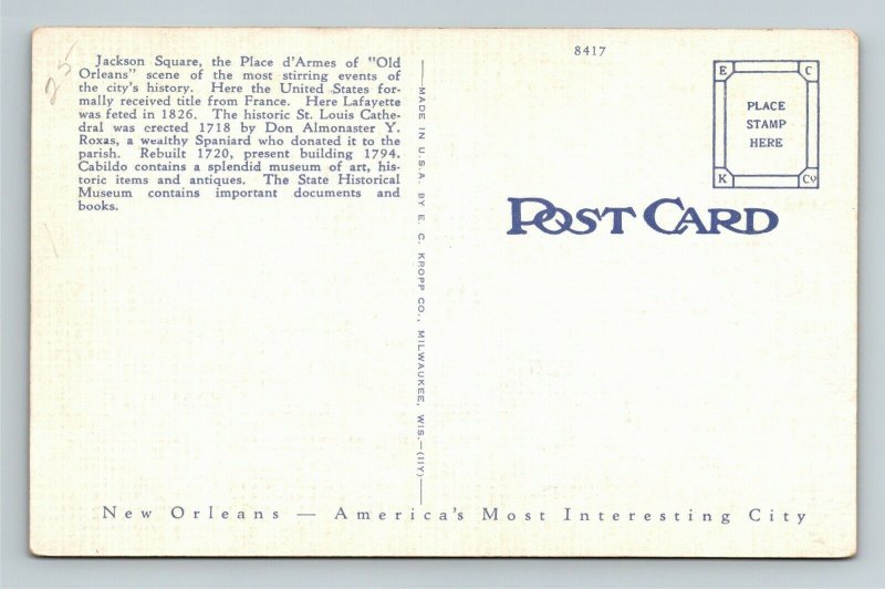 New Orleans LA-Louisiana, Jackson Square, St. Louis Cathedral, Linen Postcard