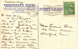 Ambassador Hotel Washington D.C. Linen Postcard Street View Cancel WOF 1c Stamp 