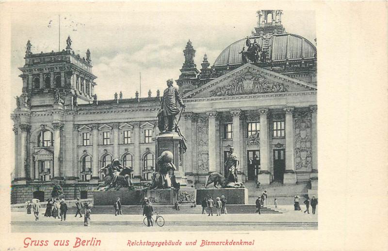 AK Germany 1905 Gruss aus Berlin Reichstagsgebaude und Bismarckdenkmal