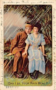 CAN I BE YOUR RAIN BEAU?~ROMANTIC YOUNG COUPLE-1911 EMBOSSED ROMANCE POSTCARD