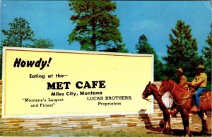 Miles City, MT Montana  MET CAFE~Lucas Brothers ROADSIDE Men/Horses AD Postcard