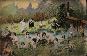 Fertility Fantasy Children Play by Stream c1910 Vintage Postcard