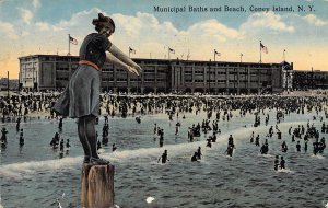 c.'14, Coney Island,, NY, Muni Baths and Beach,  Message,  Old Postcard