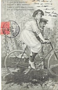 NIMES FRANCE~ROMANCE WITH BICYCLES-CYCLIST-1903 FRENCH PHOTO POSTCARD TAX STAMPS