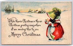 Merry Christmas~Artist M Dulk~Girl W/ Doll In Snowy Landscape~PM 1918~Vintage PC