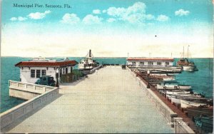 Postcard Florida Sarasota Municipal Pier Steamer Fishing Boats Old Car 1924 V200
