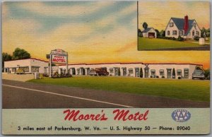 Parkersburg, West Virginia Postcard MOORE'S MOTEL Highway 50 Roadside Linen 1953 