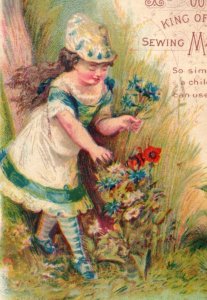 1880s The White Sewing Machine Adorable Girl Picking Wild Flowers F105