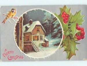 Pre-Linen christmas BEAUTIFUL YELLOW BIRD WITH SNOW-COVERED HOUSE HL0367