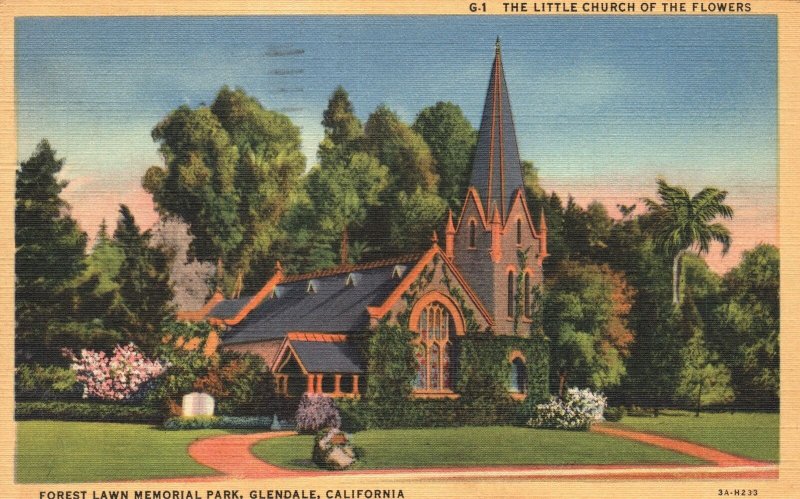 Vintage Postcard 1947 Little Church Flowers Forest Lawn Memoria Park Glendale CA