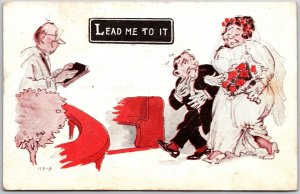 Lead Me To It, 1914 Nervous Groom, Smiling Bride & Minister, Vintage Postcard