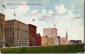 Michigan Ave Opposite Grant Park, Buildings Identified Chicago IL Postcard W35